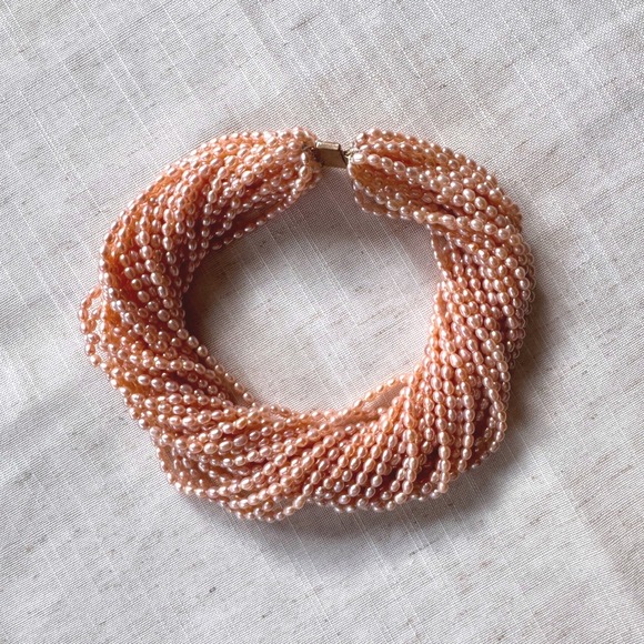 Jewelry - Vintage Peach Freshwater Pearl Multi Strand Torsade Choker Necklace‎ Pink 60s